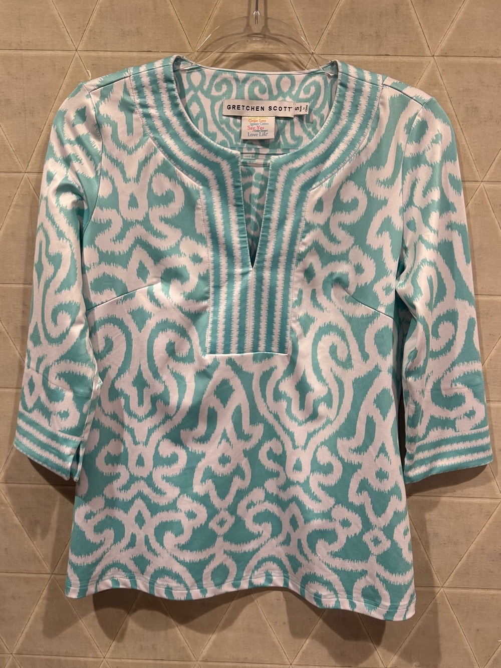Gretchen Scott Jersey Split Tunic Top Arabesque Aqua Blue Size S Preppy